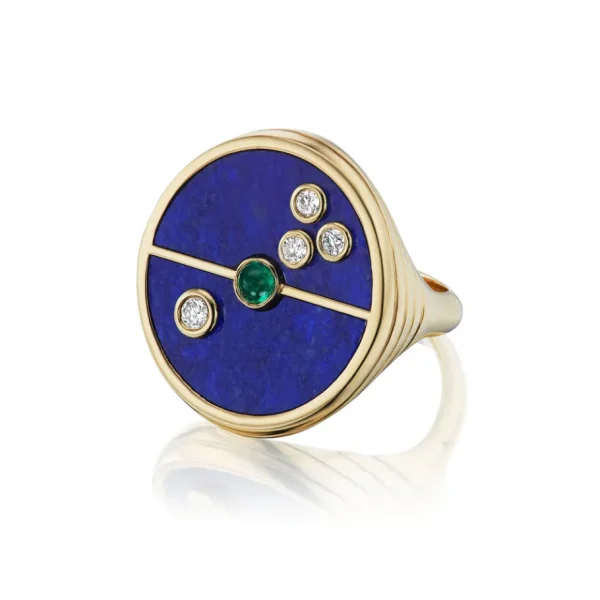Retrouvai Compass Signet Ring- Lapis & Emerald