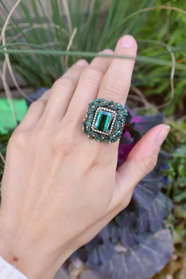 Silvia Furmanovich Green Tourmaline & Carved Wood Flower Ring