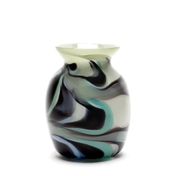 Paul Arnhold Glass Grey Vase with Black/Teal Swirls