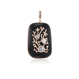 Dezso Onyx and Polki Diamond Pendant with Coral Motif