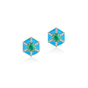 Goshwara Turquoise Enamel and Emerald Hexagon "Queen" Stud